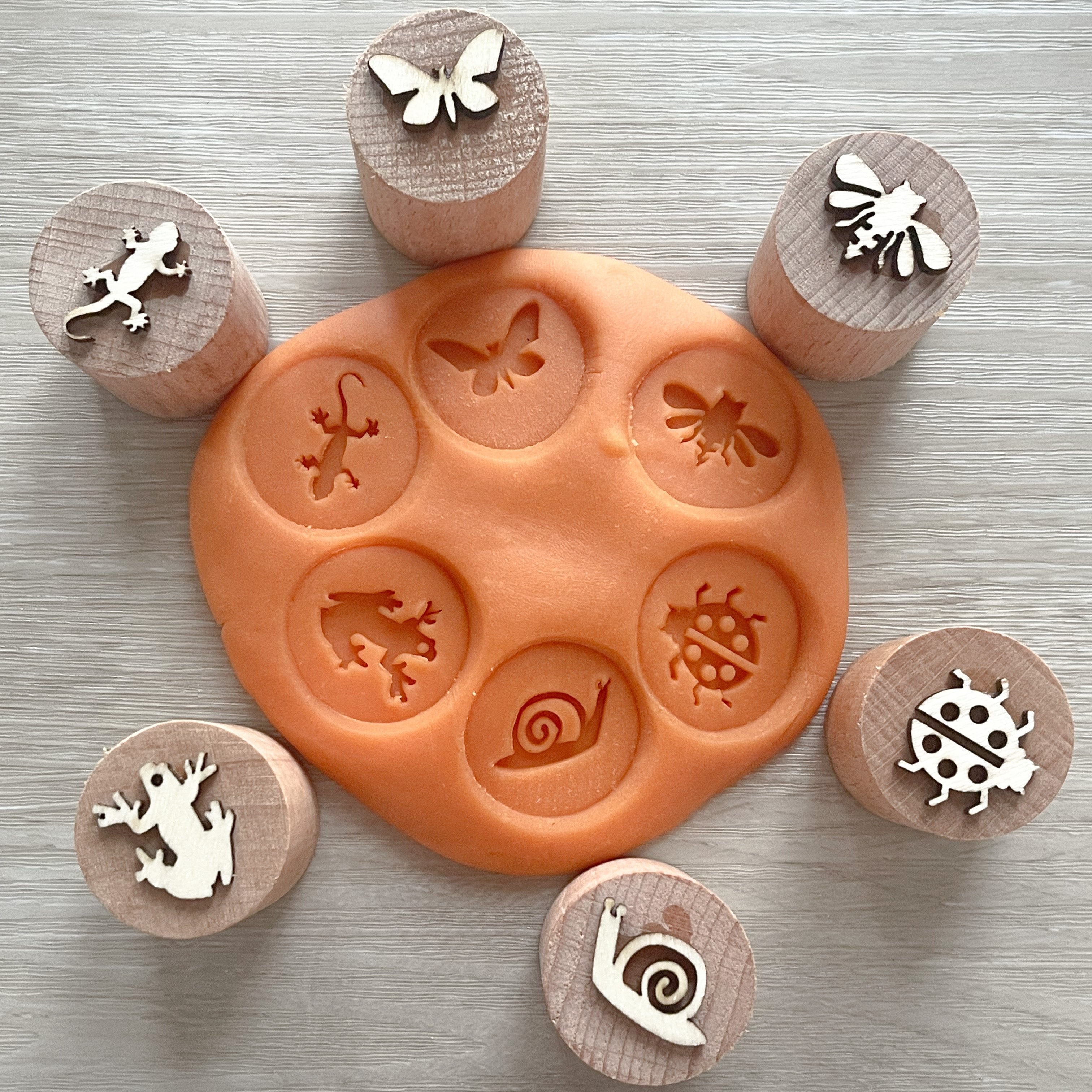 Six wooden playdough stamps with various animal shapes around a flat circle of playdough with the shapes stamped into them