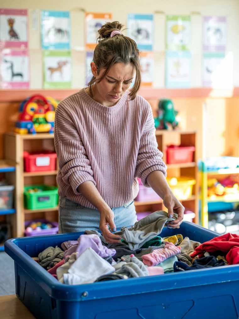 An exasperated parent searched through a container of lost clothes.