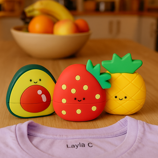 Three fruit stamps sitting on a table 